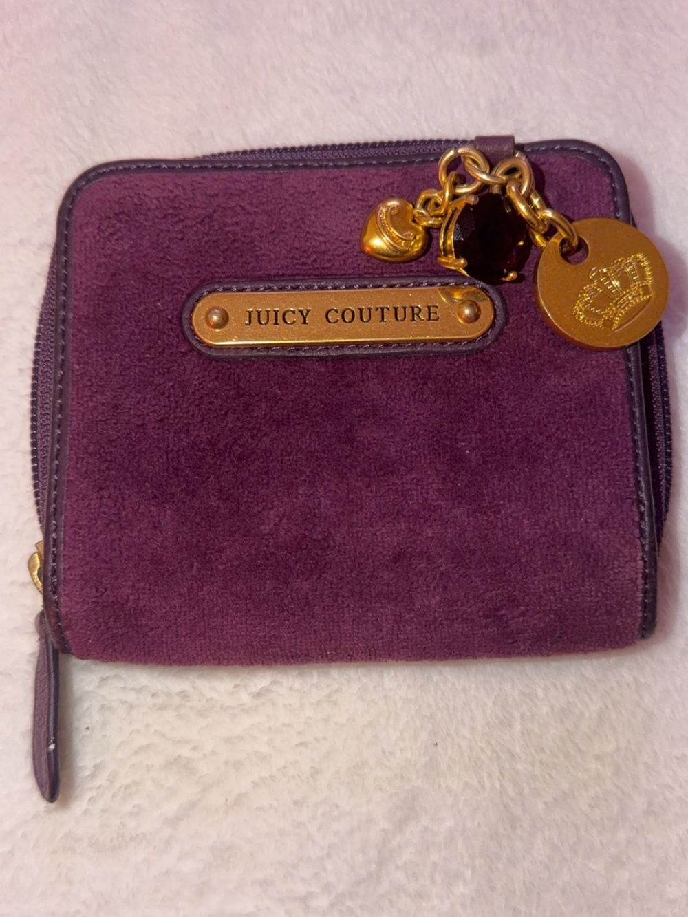 Vintage Juicy Couture Plum Suede Zip-Around Wallet with Gold Charms